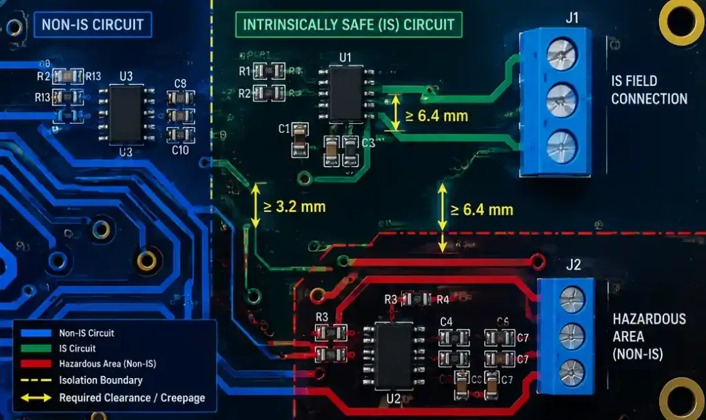 PCB layout showing creepage and clearance spacing requirements for hazardous location certification