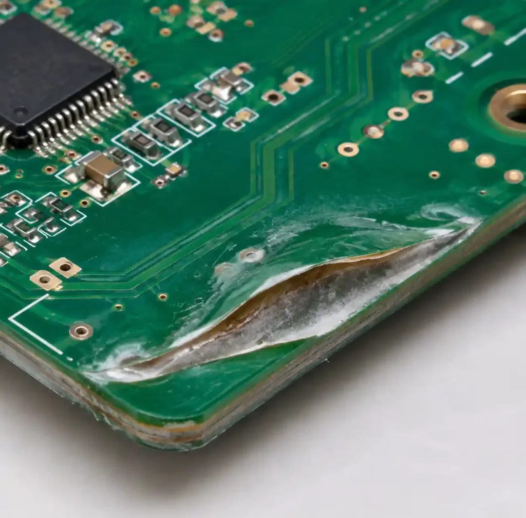 PCB board showing visible delamination defect between layers