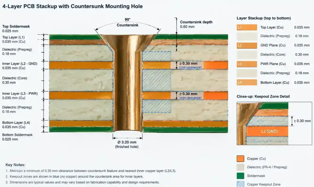 PCB layer stackup diagram showing copper clearance around countersunk mounting hole