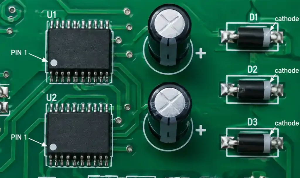 PCB polarity and pin 1 indicators on silkscreen and assembly drawing