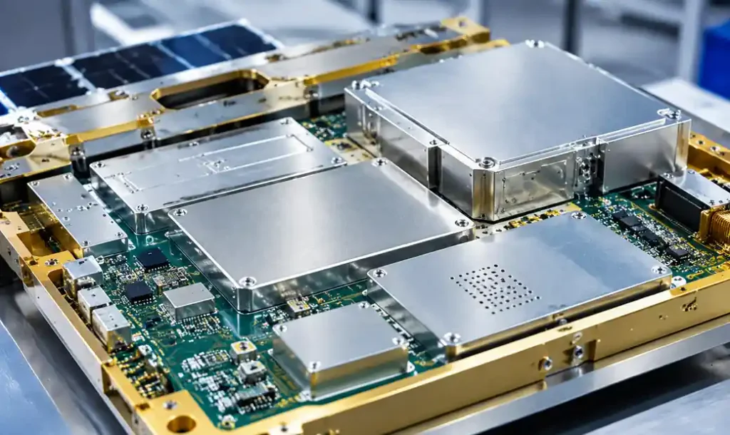 Aerospace PCB with integrated radiation shielding showing aluminum or tantalum shield layers