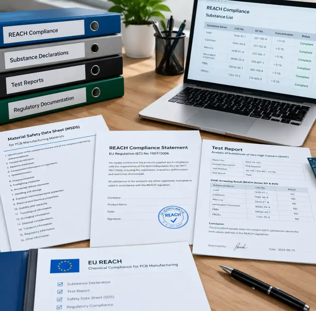 REACH SVHC compliance documentation and chemical substance declarations for PCB materials