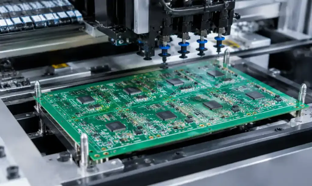 PCB panel with tooling holes on SMT assembly line pick and place machine