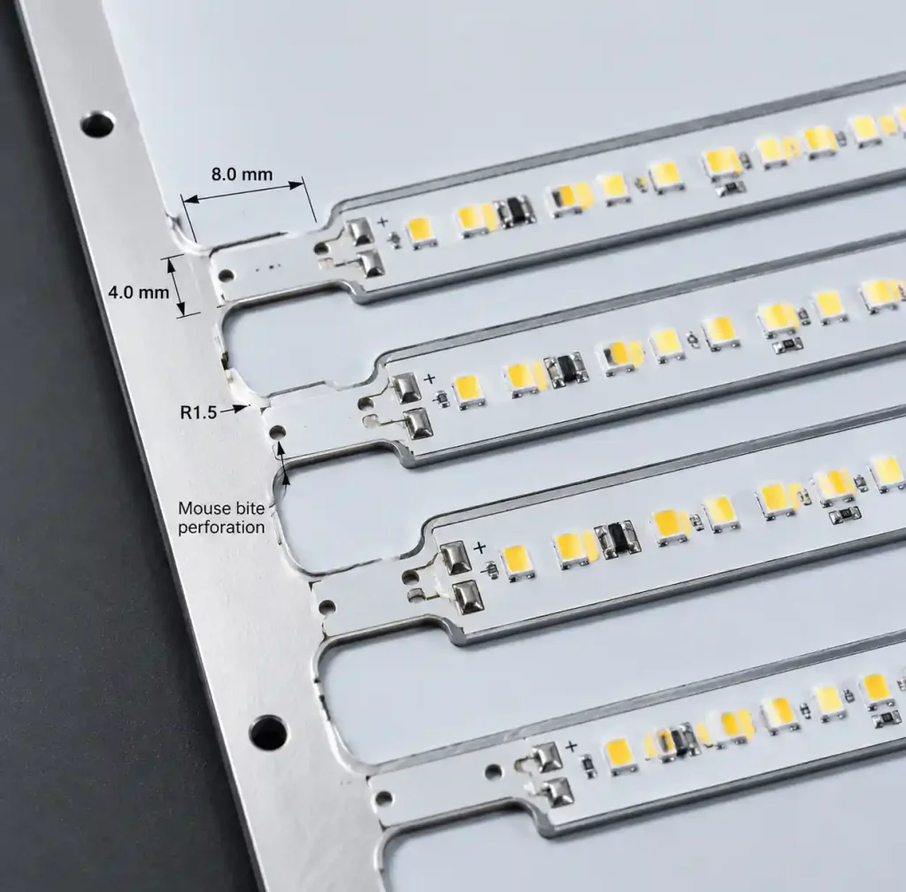 Tab routing with breakaway tabs on aluminum MCPCB LED strip panel