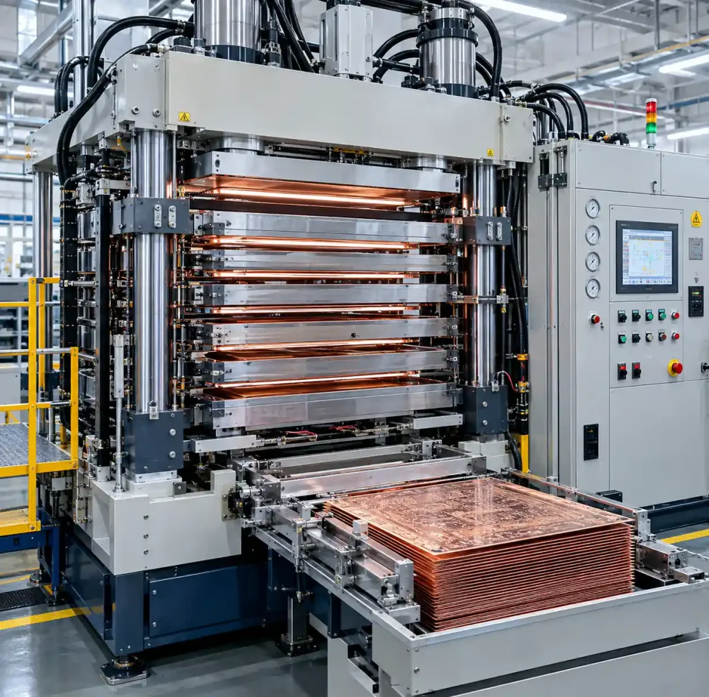 Multi-daylight vacuum lamination press for high layer count PCB manufacturing