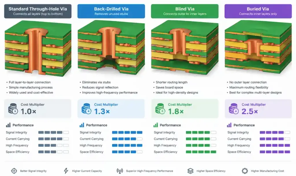 PCB via cost and performance comparison chart for manufacturing