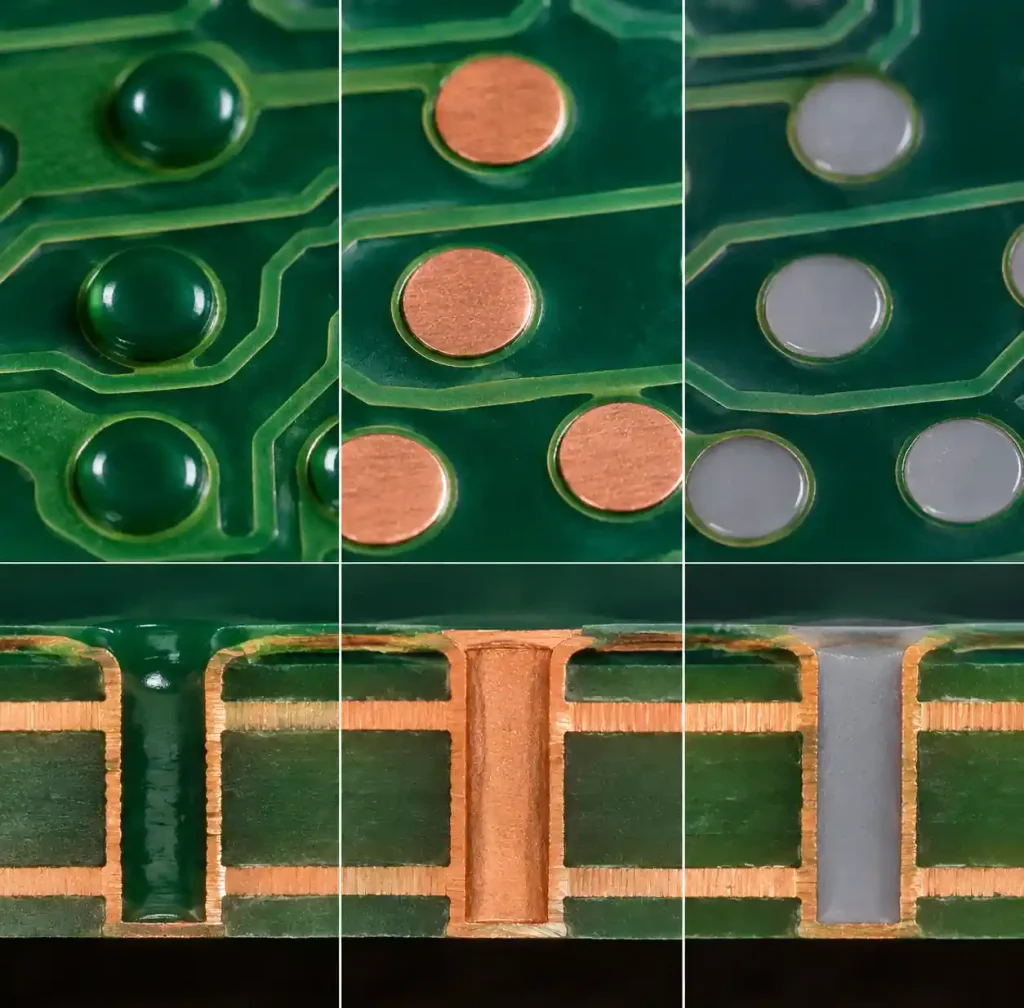 Side-by-side comparison of tented, copper-filled, and epoxy-filled thermal vias
