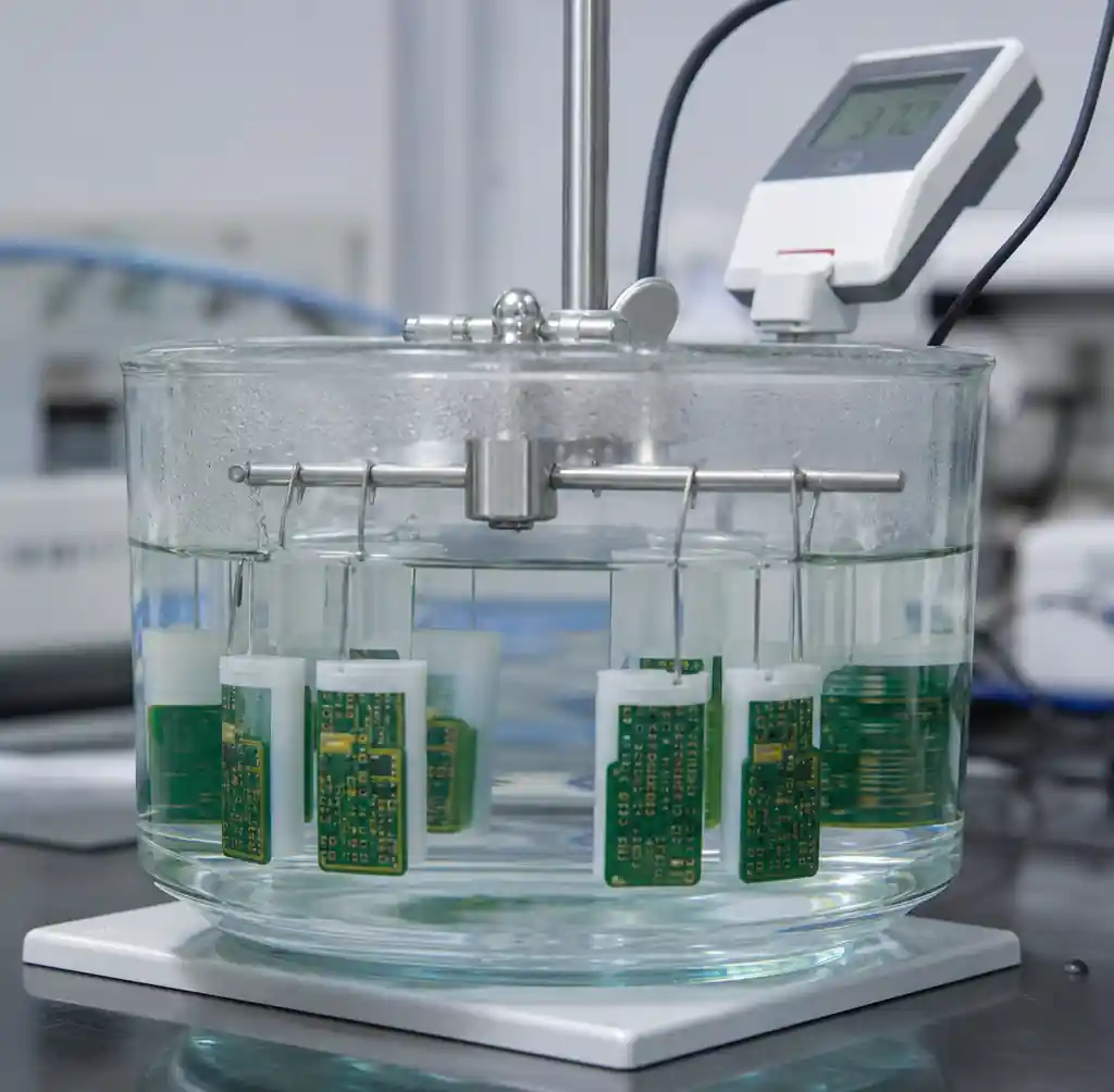 Accelerated aging reliability testing setup with PCBs in saline solution
