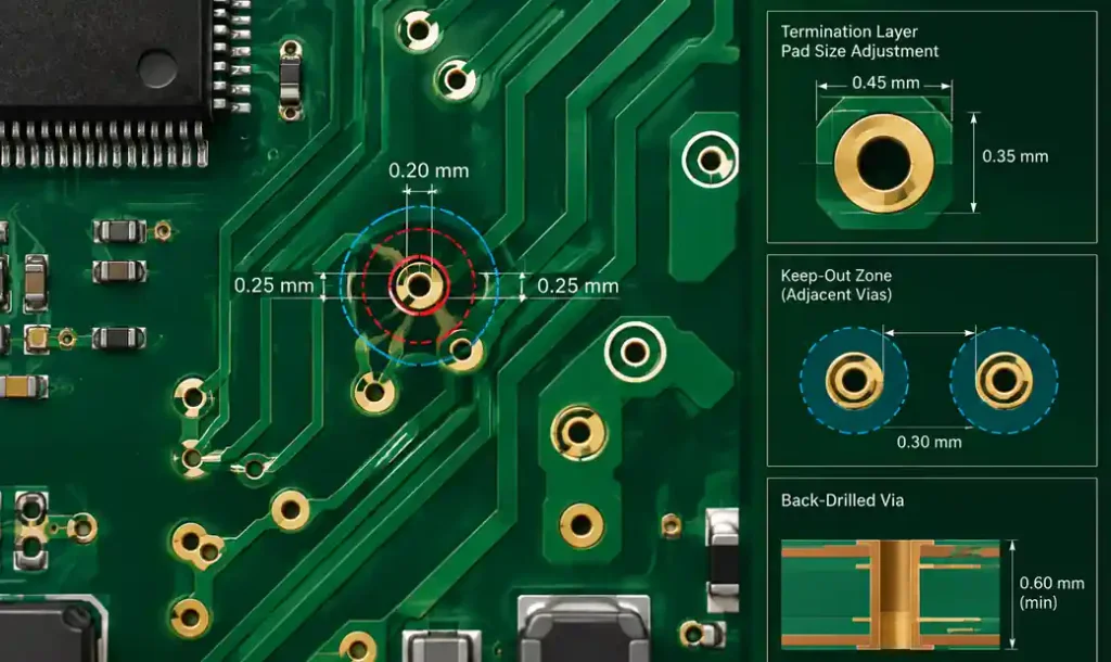 PCB design rules for back-drilled via pad sizing and clearance
