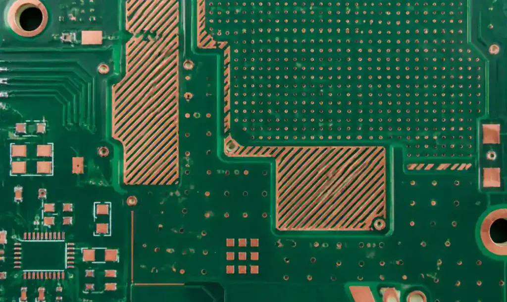 PCB layer with copper thieving dot grid and hatched fill patterns