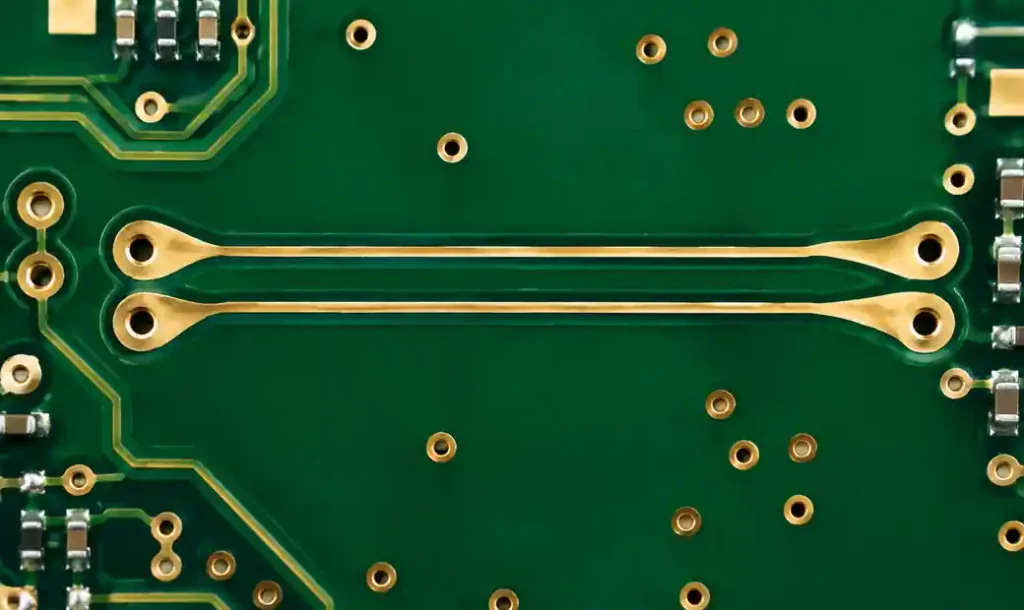Differential pair PCB traces with symmetric teardrop geometry for impedance matching