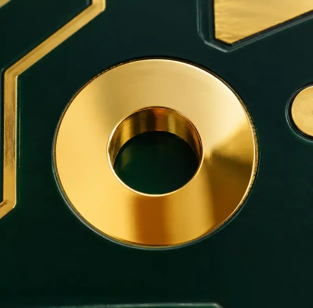 PCB fiducial mark with ENIG surface finish showing gold plating