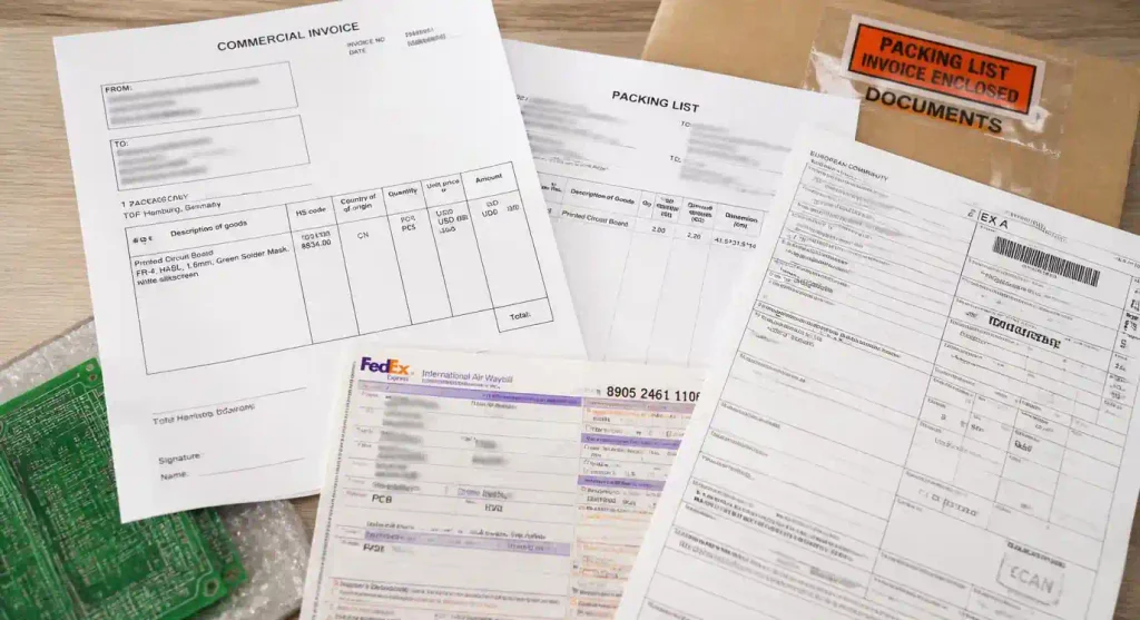 EU customs clearance documentation for PCB import from China including commercial invoice and HS codes