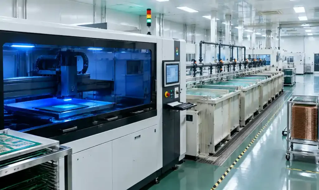 Fine-line PCB manufacturing showing LDI equipment and precision etching process
