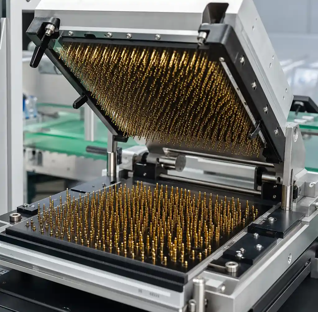 ICT fixture showing bed-of-nails pogo pin array for PCB testing