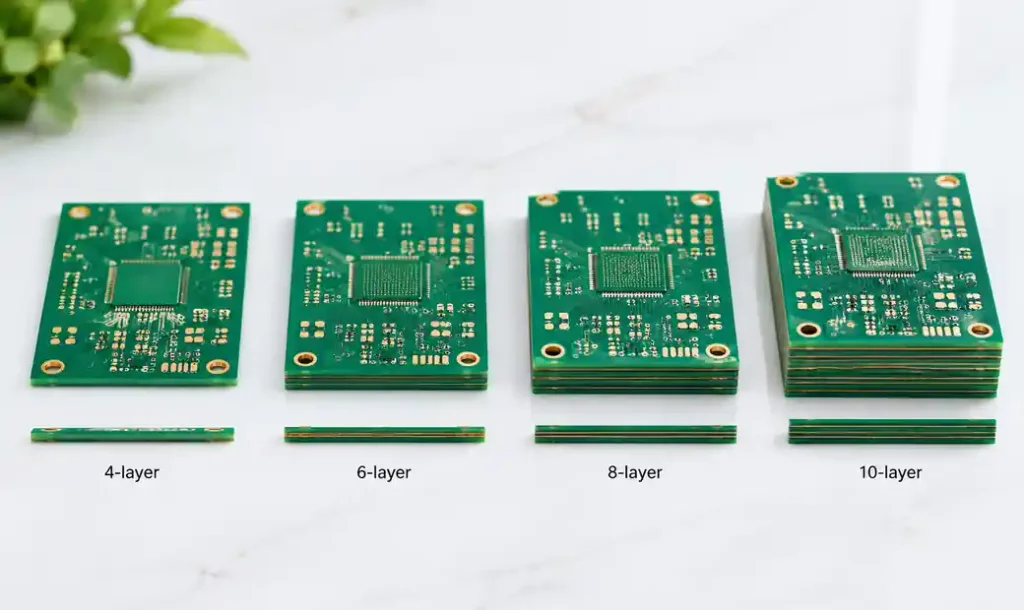 PCB manufacturing cost comparison across different layer counts from 4 to 10 layers
