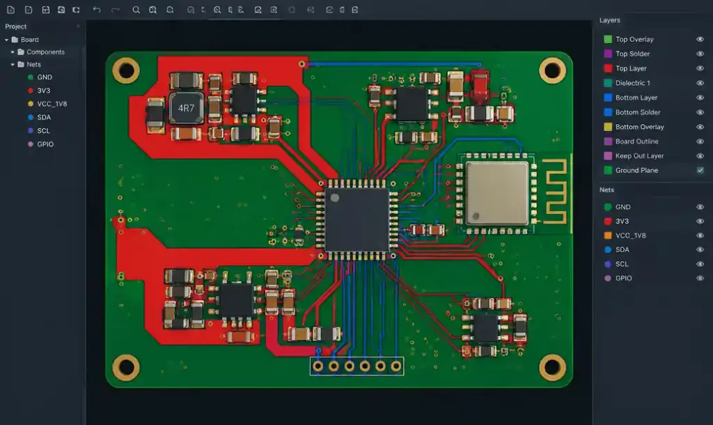 PCB layout showing ground plane integrity and power rail routing for low-power design