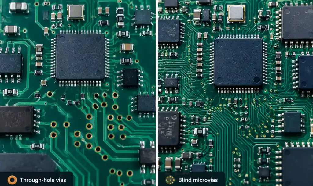 Side-by-side comparison of routing density in standard PCB versus HDI PCB with blind vias