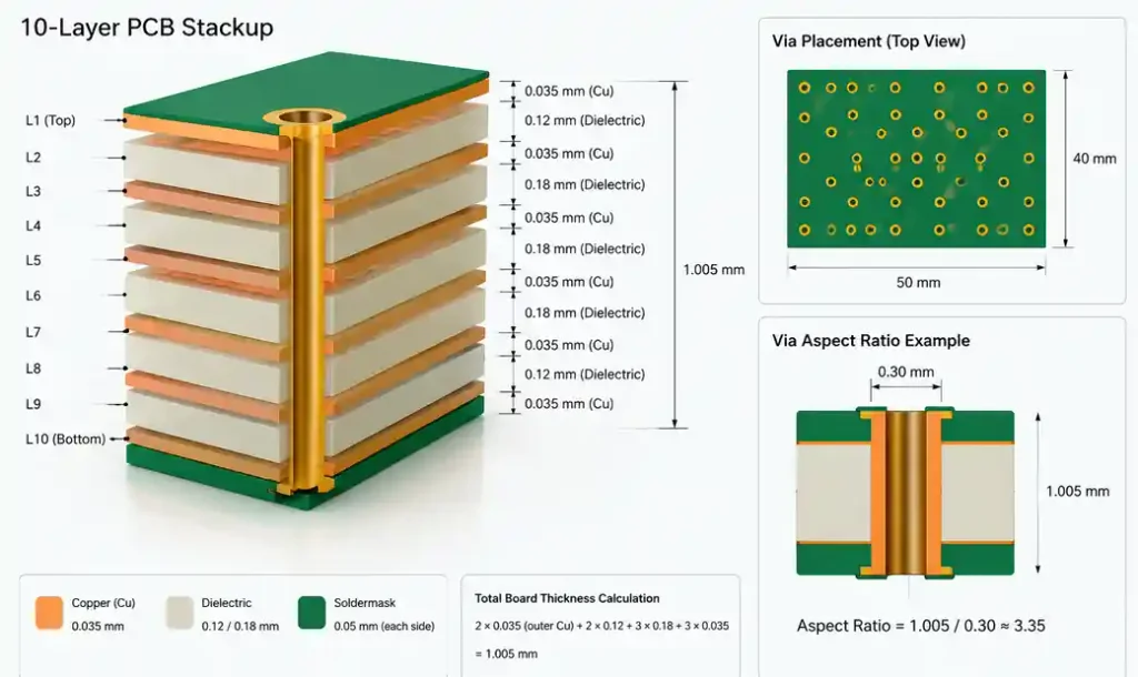 PCB stackup design showing layer count and aspect ratio calculation