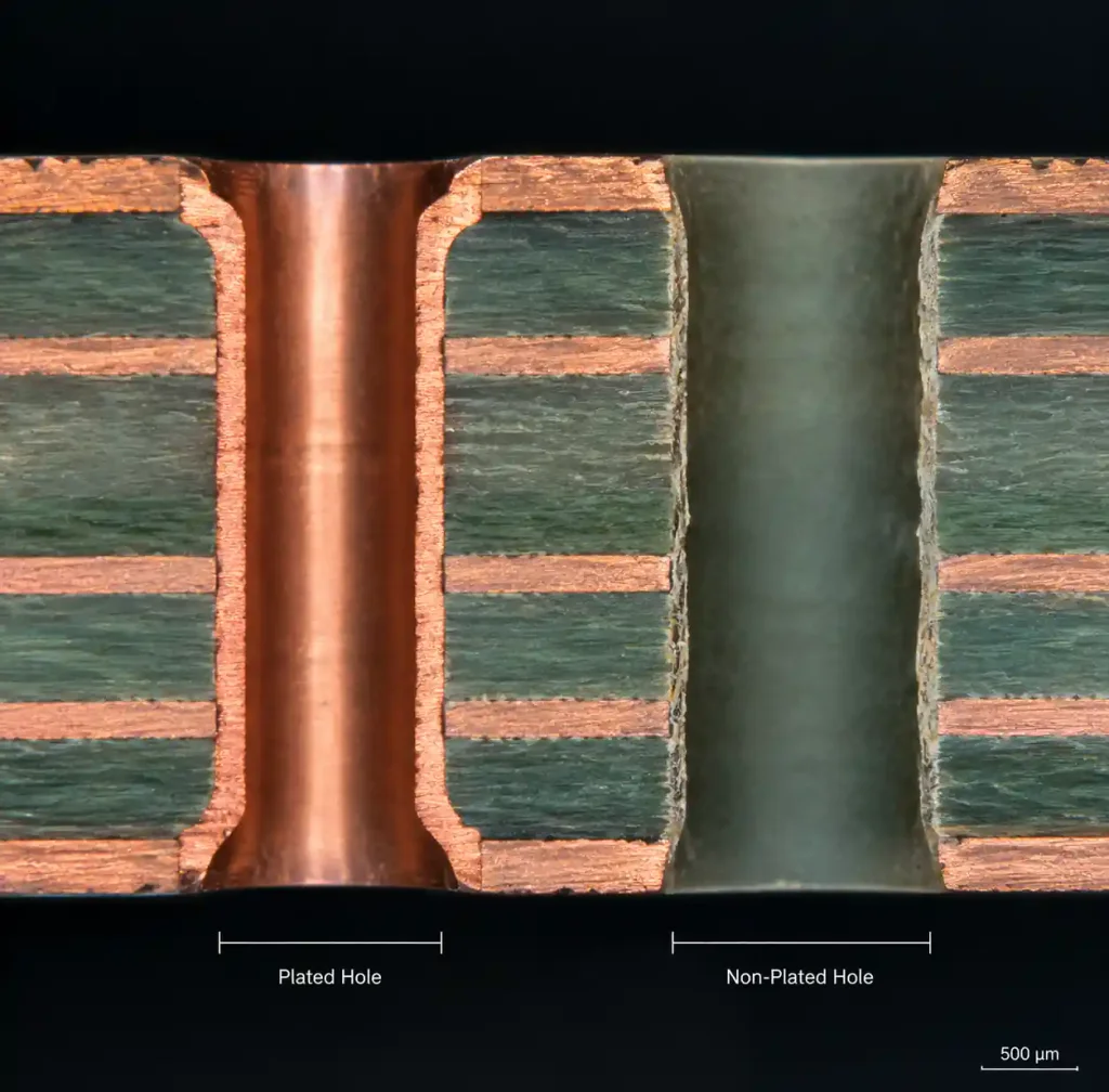 Cross-section comparison of plated versus non-plated tooling holes in PCB