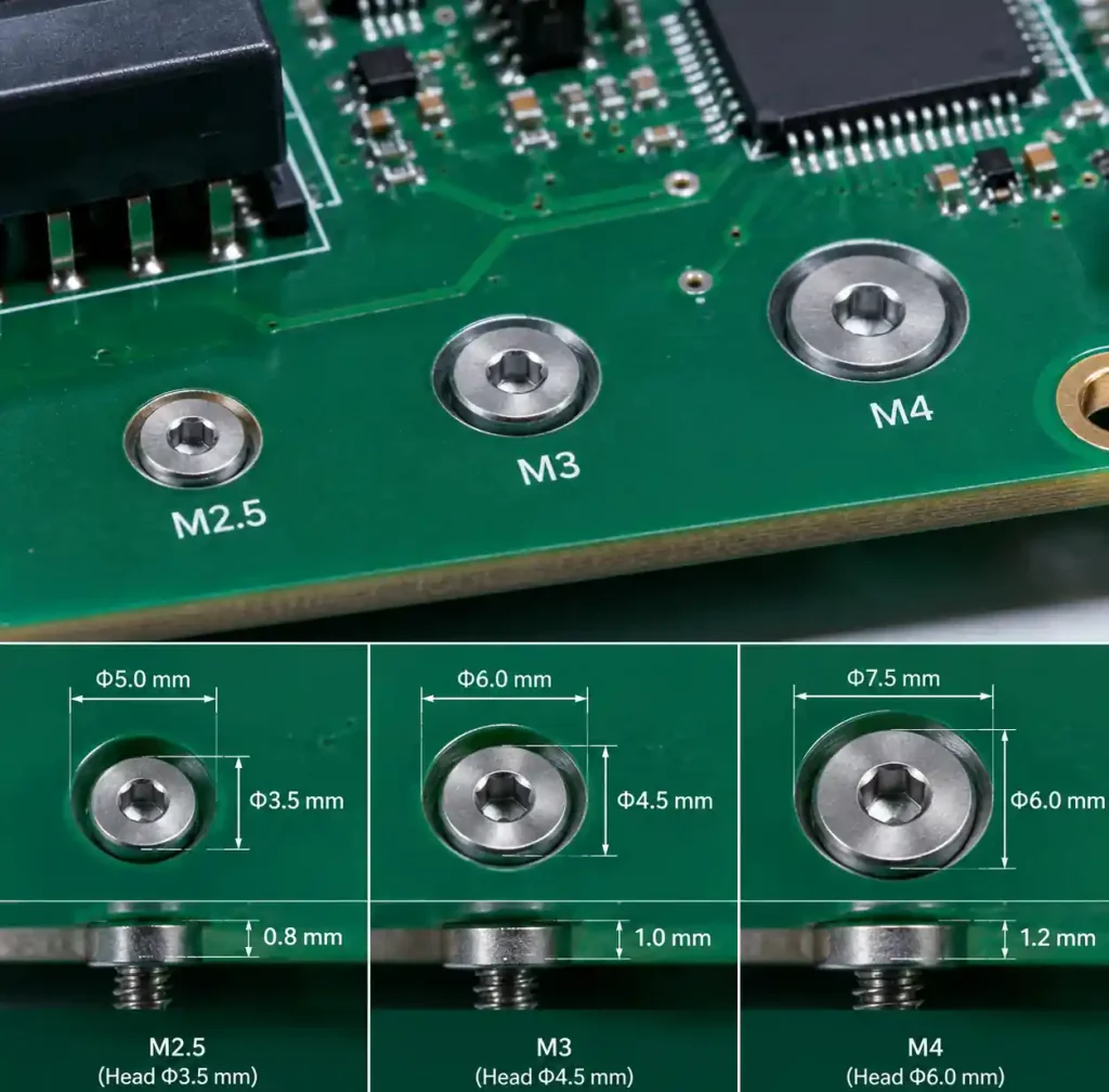 Socket-head cap screws in counterbored PCB holes showing flush mounting