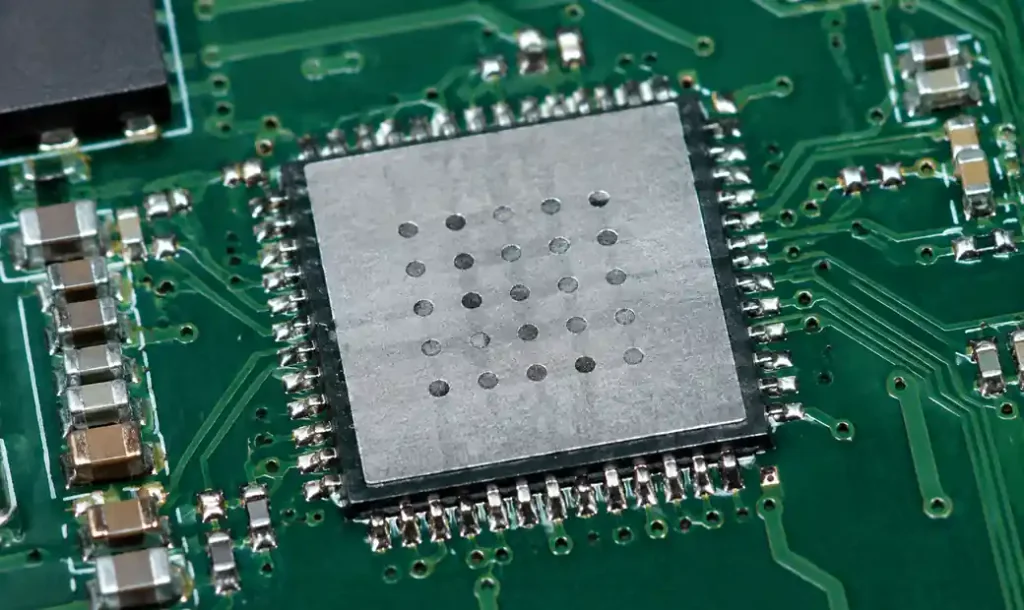 Thermal via with solder mask tenting showing proper assembly without solder wicking