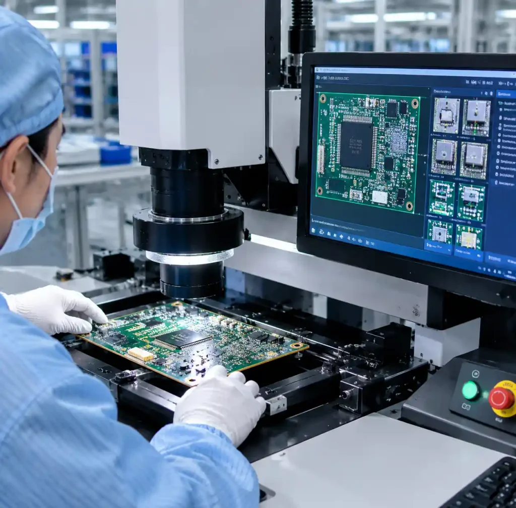 Quality inspection process for aerospace-grade PCB showing measurement and testing equipment