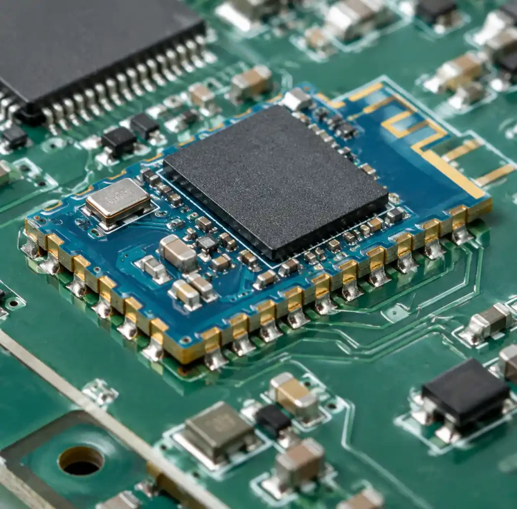 Castellated PCB module mounted on parent board showing solder joints and thermal connection