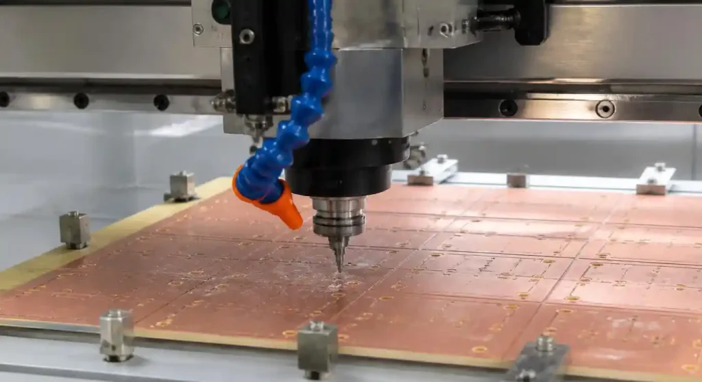 CNC router machine performing countersink machining on PCB panel