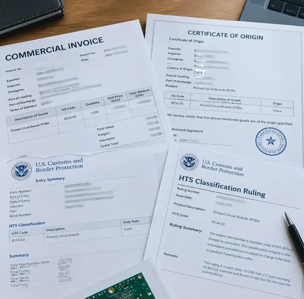 Commercial invoice and certificate of origin documentation for PCB imports to USA and Canada