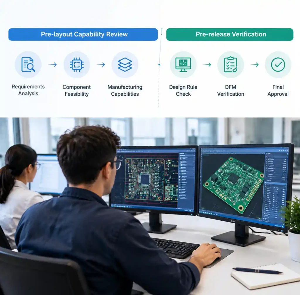 DFM review workflow showing pre-layout and pre-release checkpoints