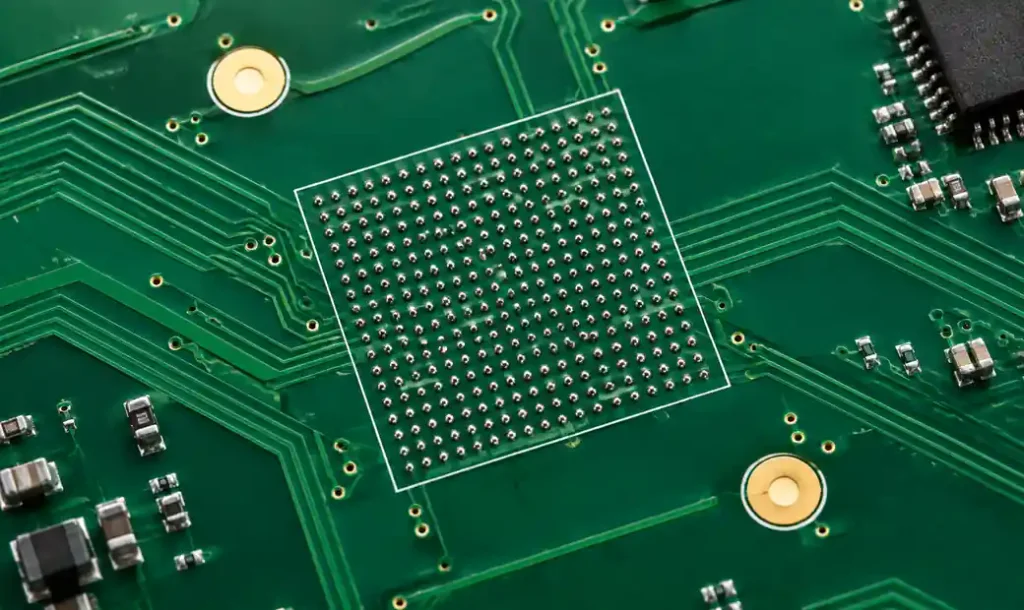 Fine-pitch BGA component with local fiducials placed diagonally across footprint