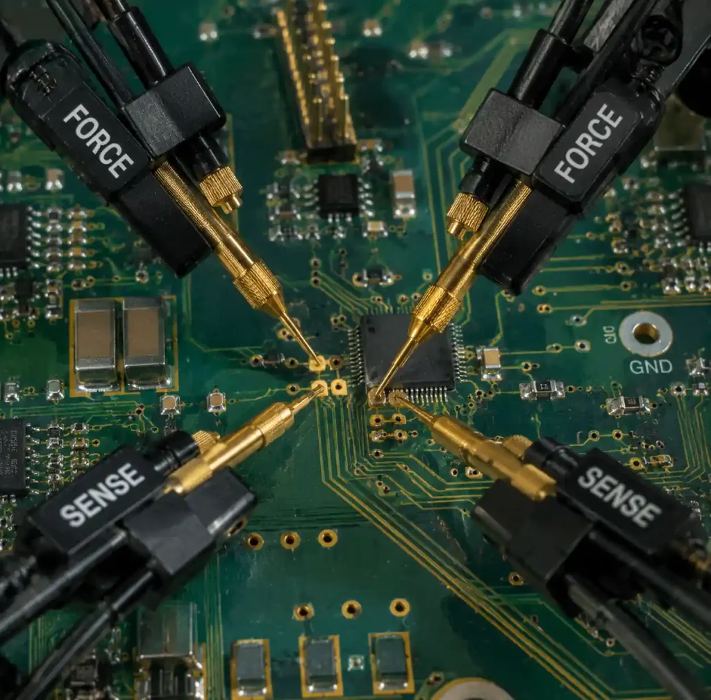 Kelvin sensing probe pairs on IC test board PCB layout