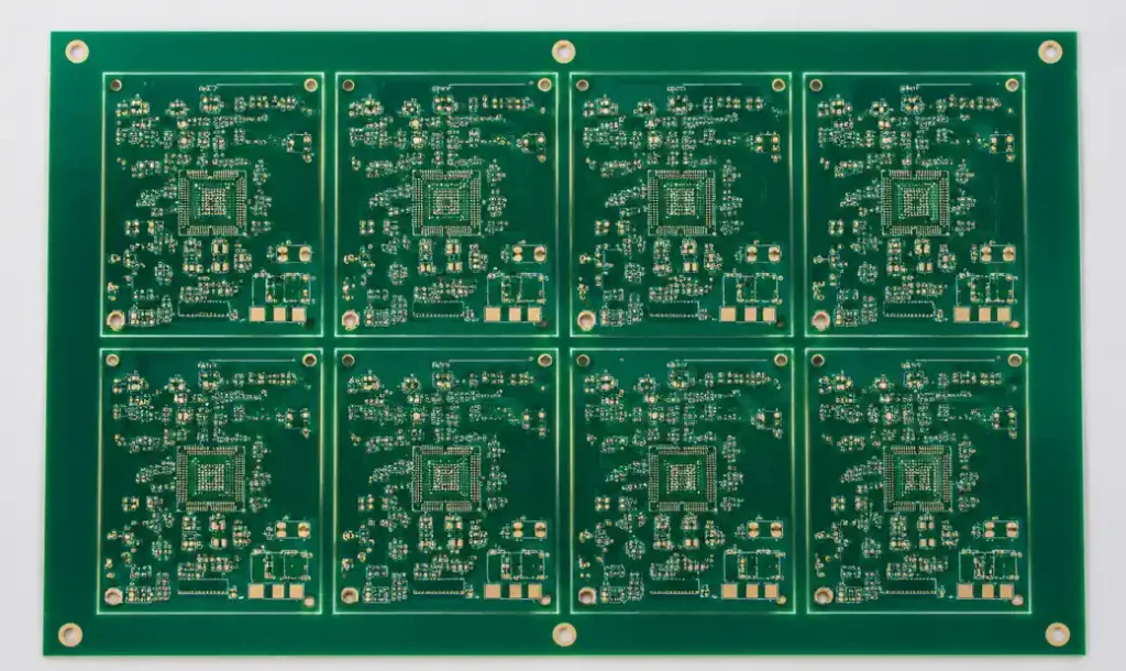 Large PCB panel showing multiple tooling holes for flexure control