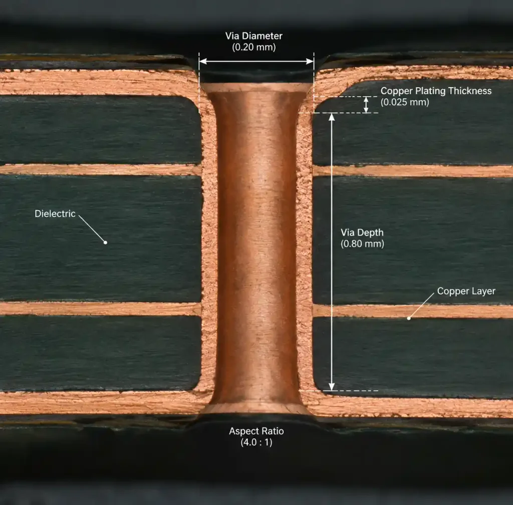 Microscope cross-section showing microvia aspect ratio and copper plating thickness