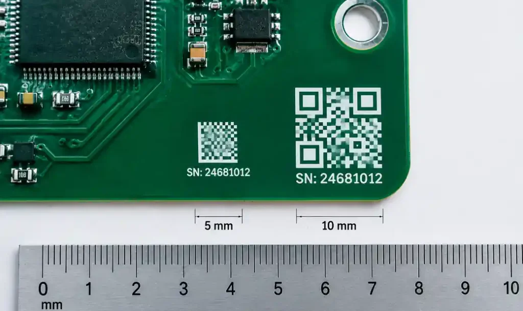 PCB with Data Matrix code and QR code showing proper placement and quiet zone