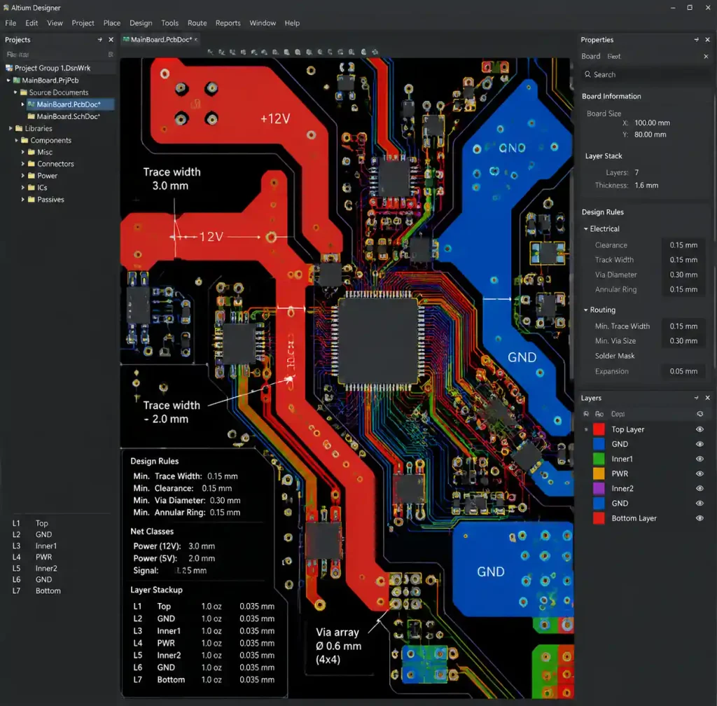PCB design software showing heavy copper trace layout and design rules