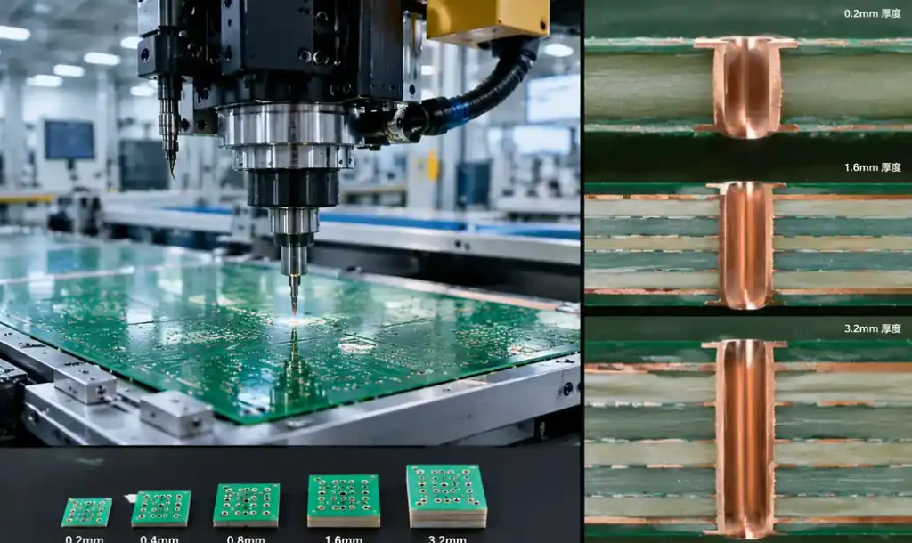 PCB drilling process showing aspect ratio considerations for different thicknesses