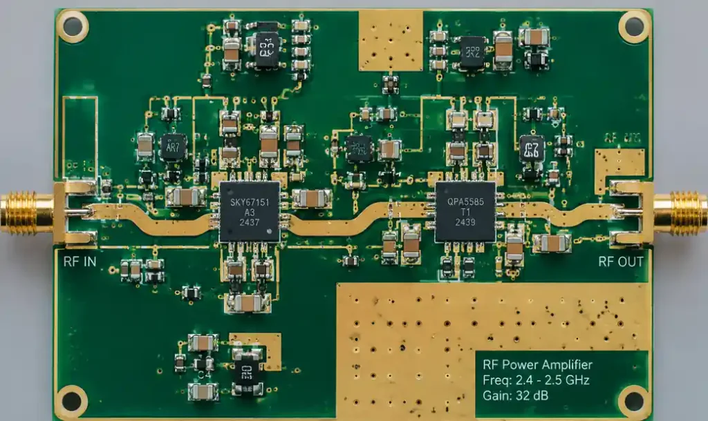RF amplifier circuit layout showing proper component placement and grounding