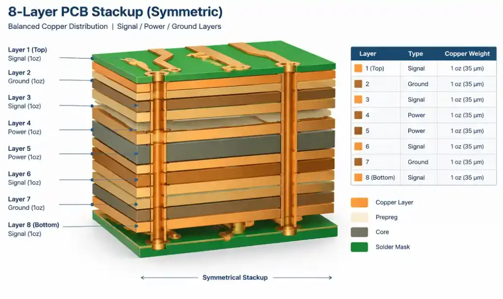 Multilayer PCB stackup diagram showing symmetric copper distribution