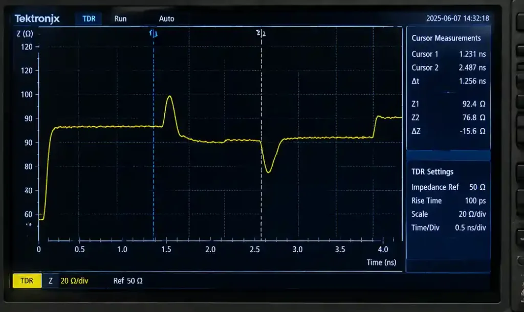 TDR waveform showing impedance discontinuity and via transition