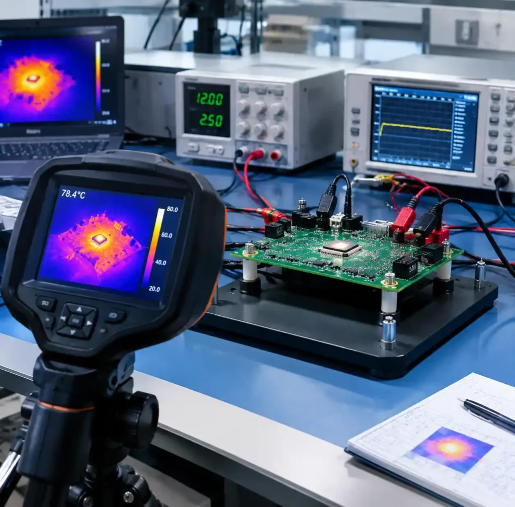 Thermal measurement setup with IR camera measuring PCB junction temperatures