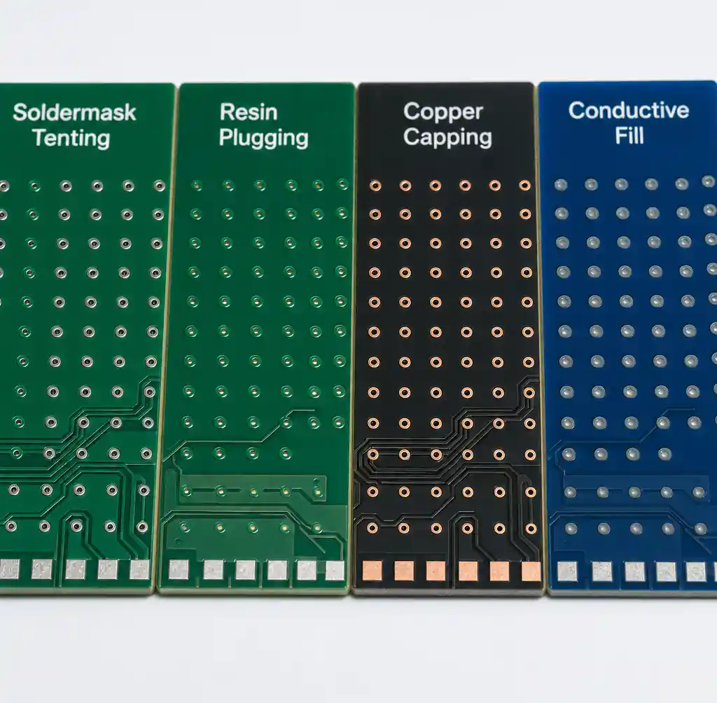 PCB samples showing different via finishing methods for cost comparison
