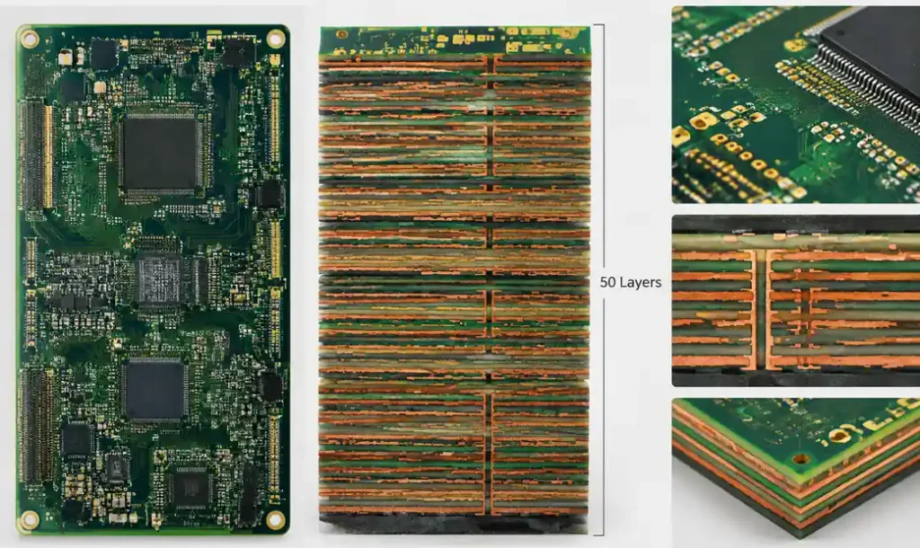 50-layer PCB stackup structure showing core layers and sequential lamination stages