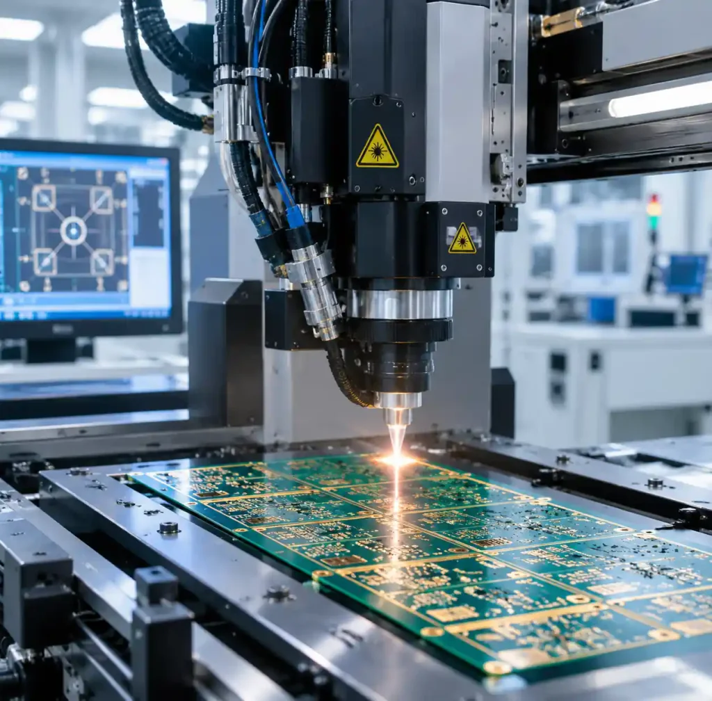 Advanced PCB manufacturing process for aerospace applications showing precision fabrication