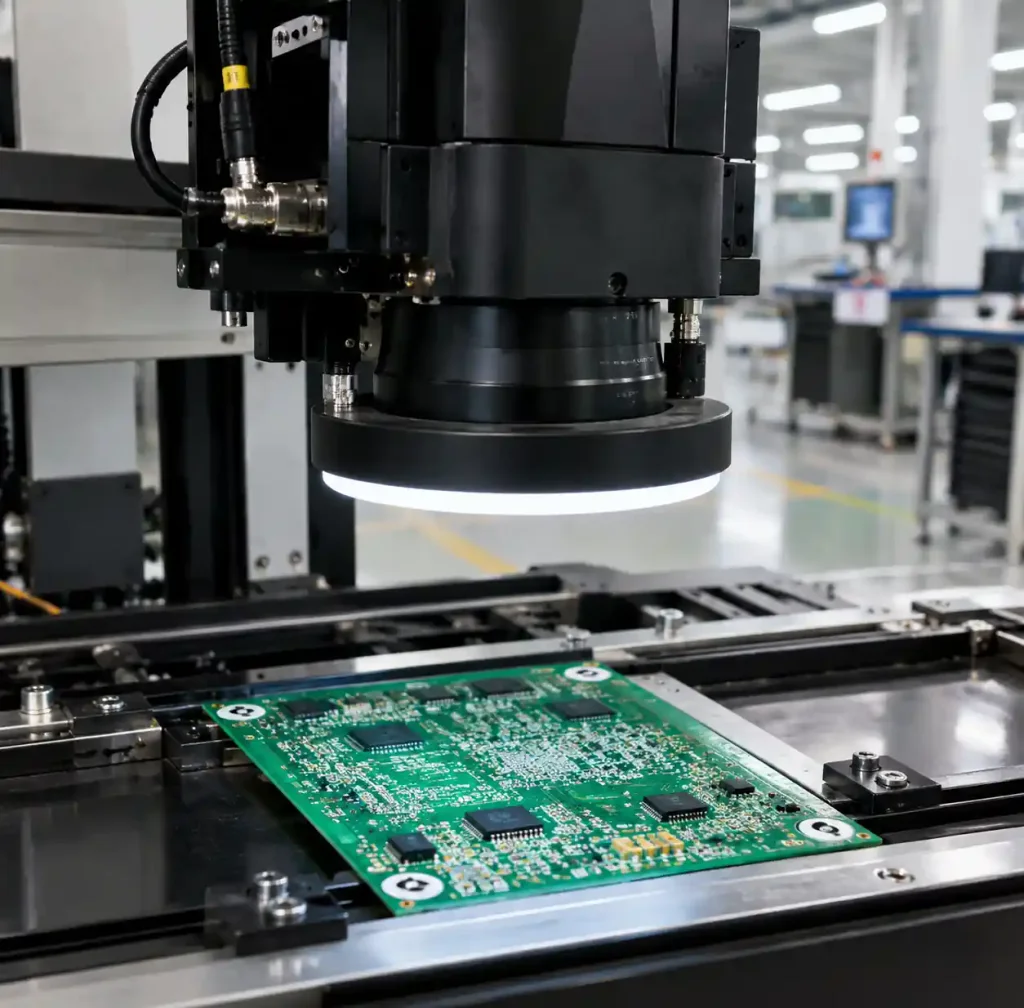 Automated optical inspection system viewing PCB fiducials during quality check