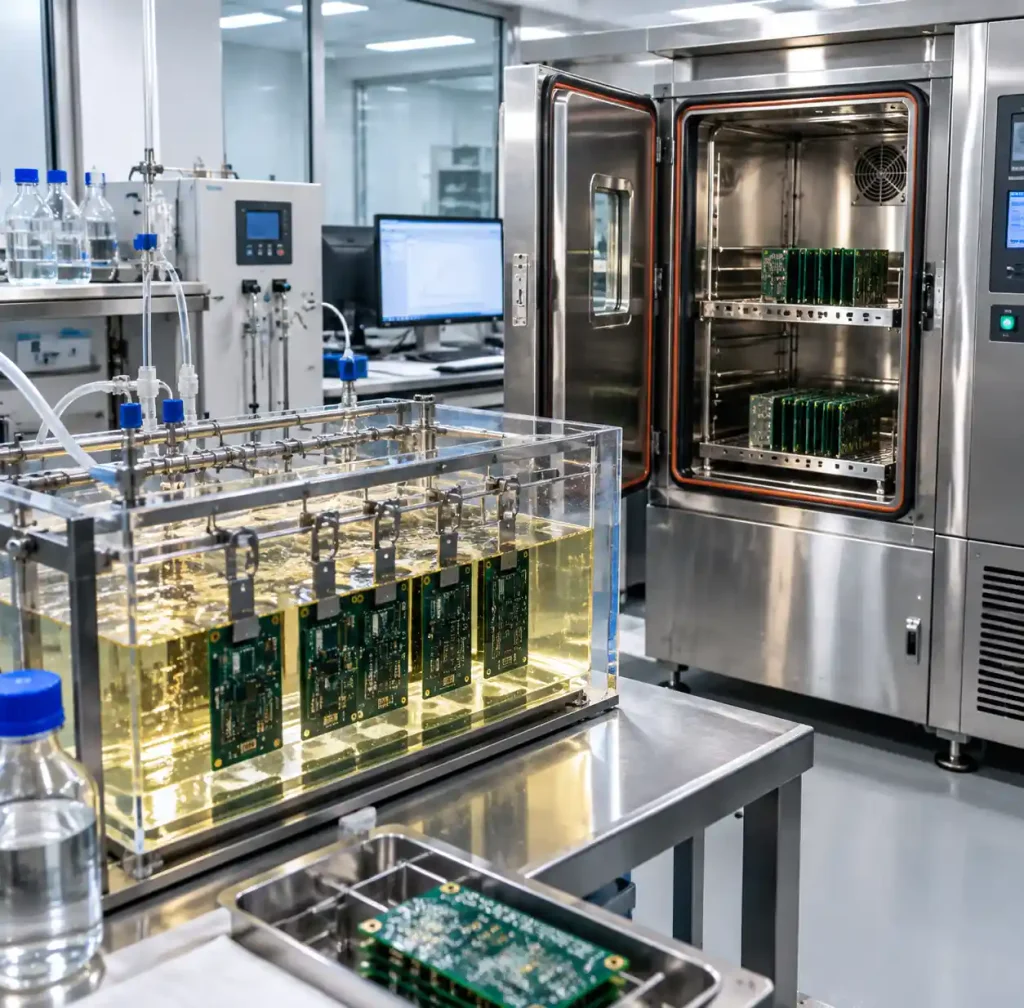 Laboratory setup for accelerated chemical exposure testing of PCBs