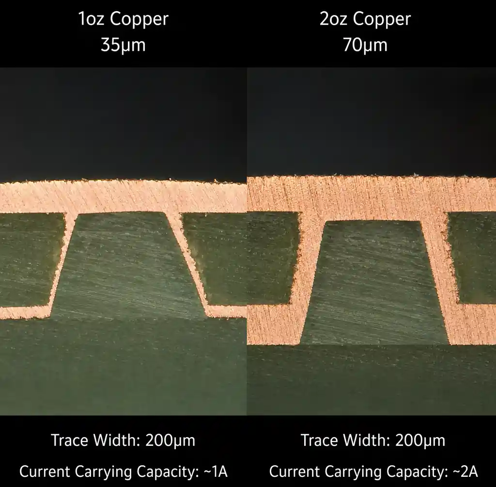 Heavy copper PCB showing different copper weights and trace profiles