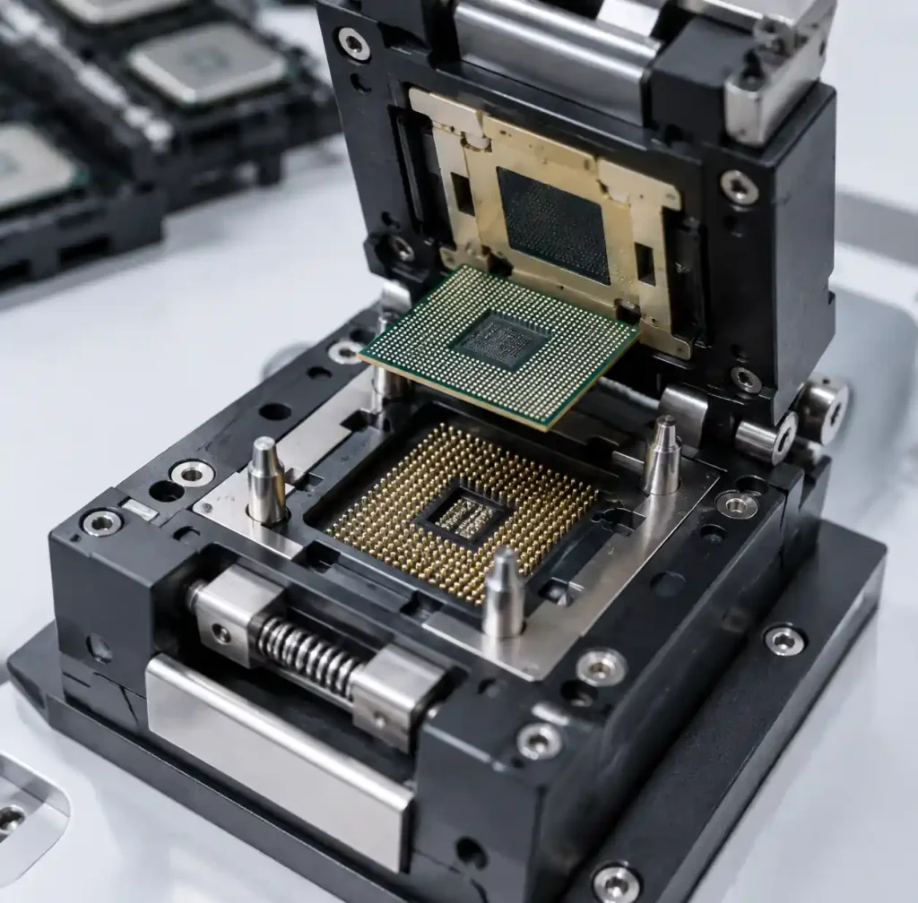 DUT socket with precision alignment and clamping mechanism