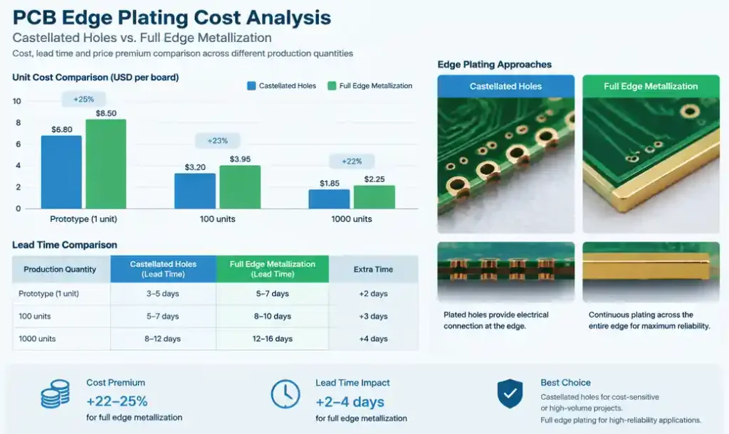 Graph comparing PCB edge plating costs between castellated and full edge plating across production volumes